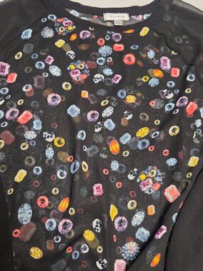 Olsenboye Womens L Black Multicolor Graphic Print Sheer Crew Raglan Pullover Y2k
